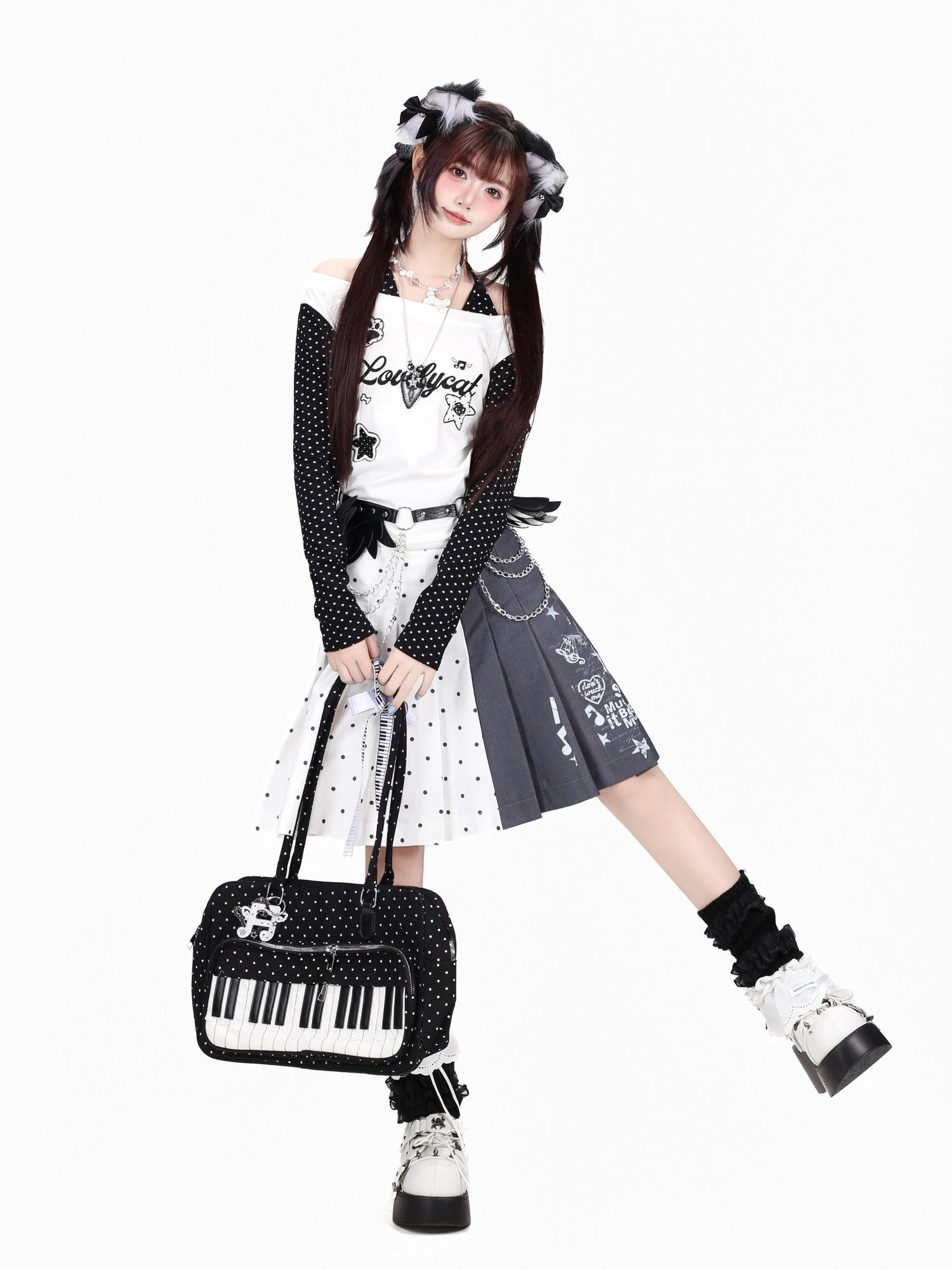 Crazy Girl Music Note Polka Dot High Waist Zipper School Women&