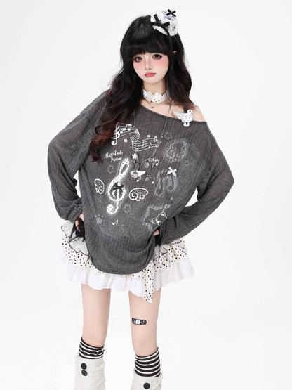 Crazy_Girl_Music_Note_Star_Printed_Pleated_Off_Shoulder_Strap_Women&