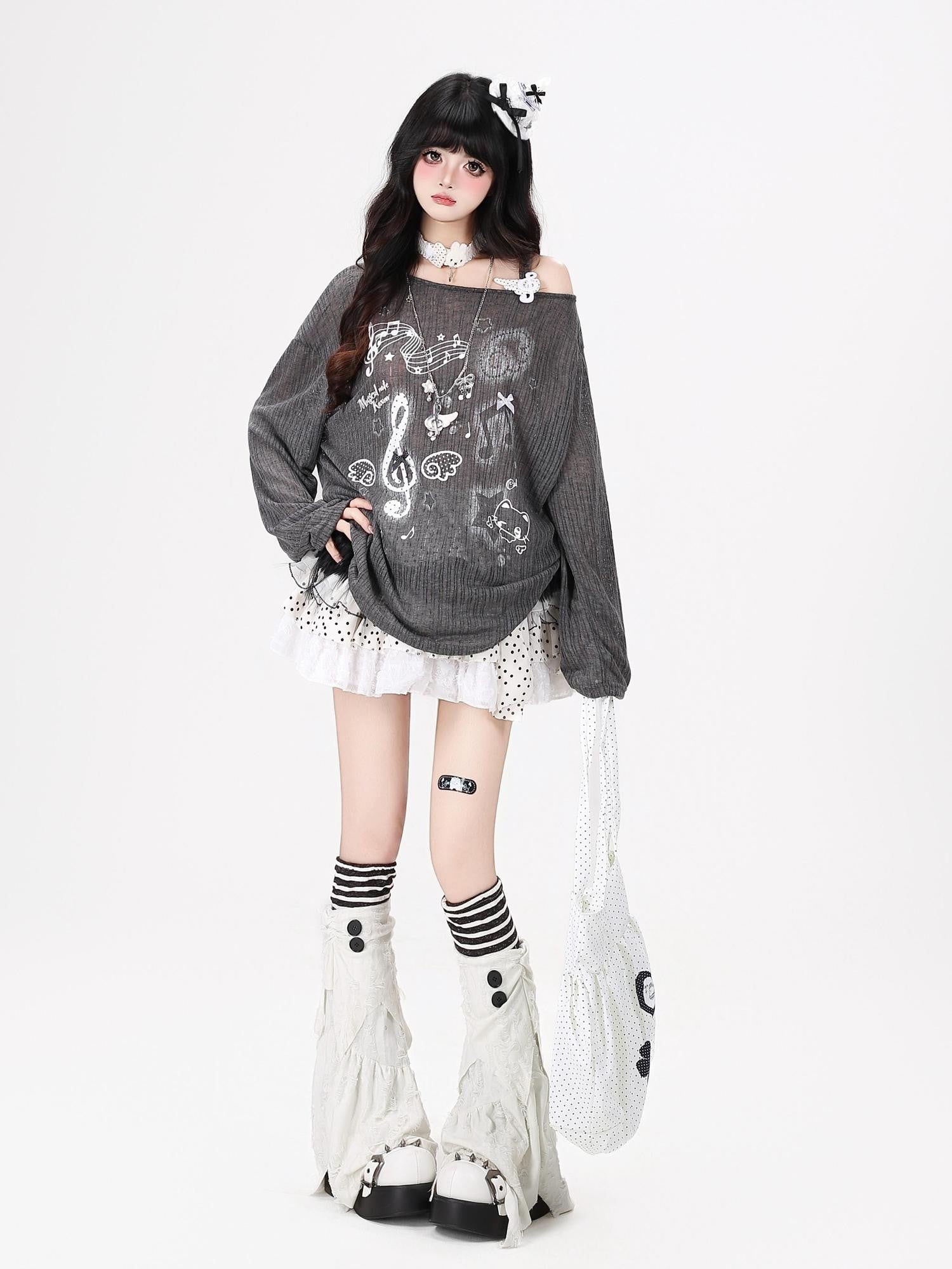Crazy Girl Music Note Star Printed Pleated Off Shoulder Strap Women&