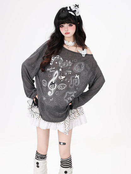 Crazy Girl Music Note Star Printed Pleated Off Shoulder Strap Women&