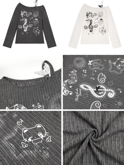 Crazy Girl Music Note Star Printed Pleated Off Shoulder Strap Women&