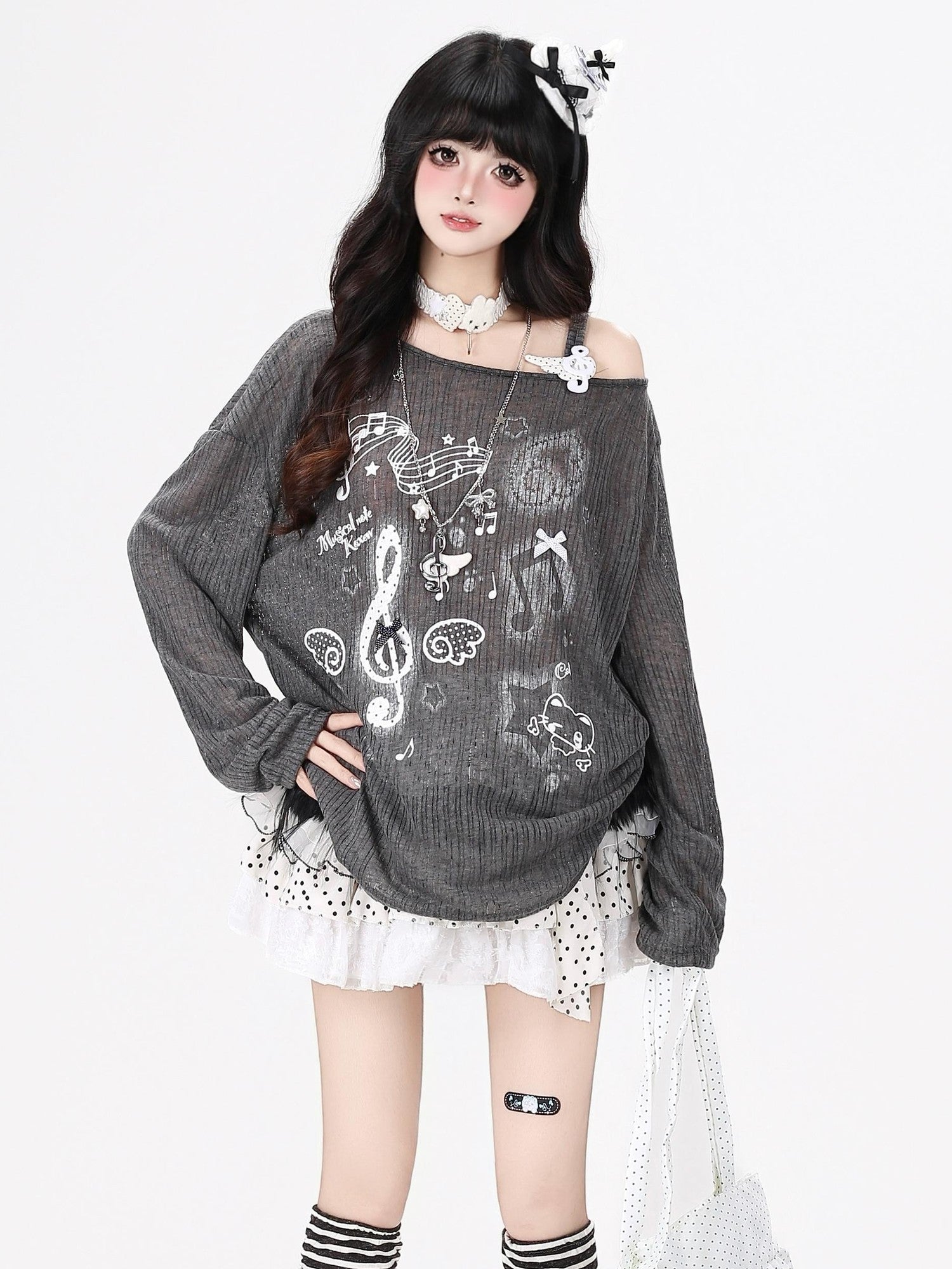 Crazy Girl Music Note Star Printed Pleated Off Shoulder Strap Women&