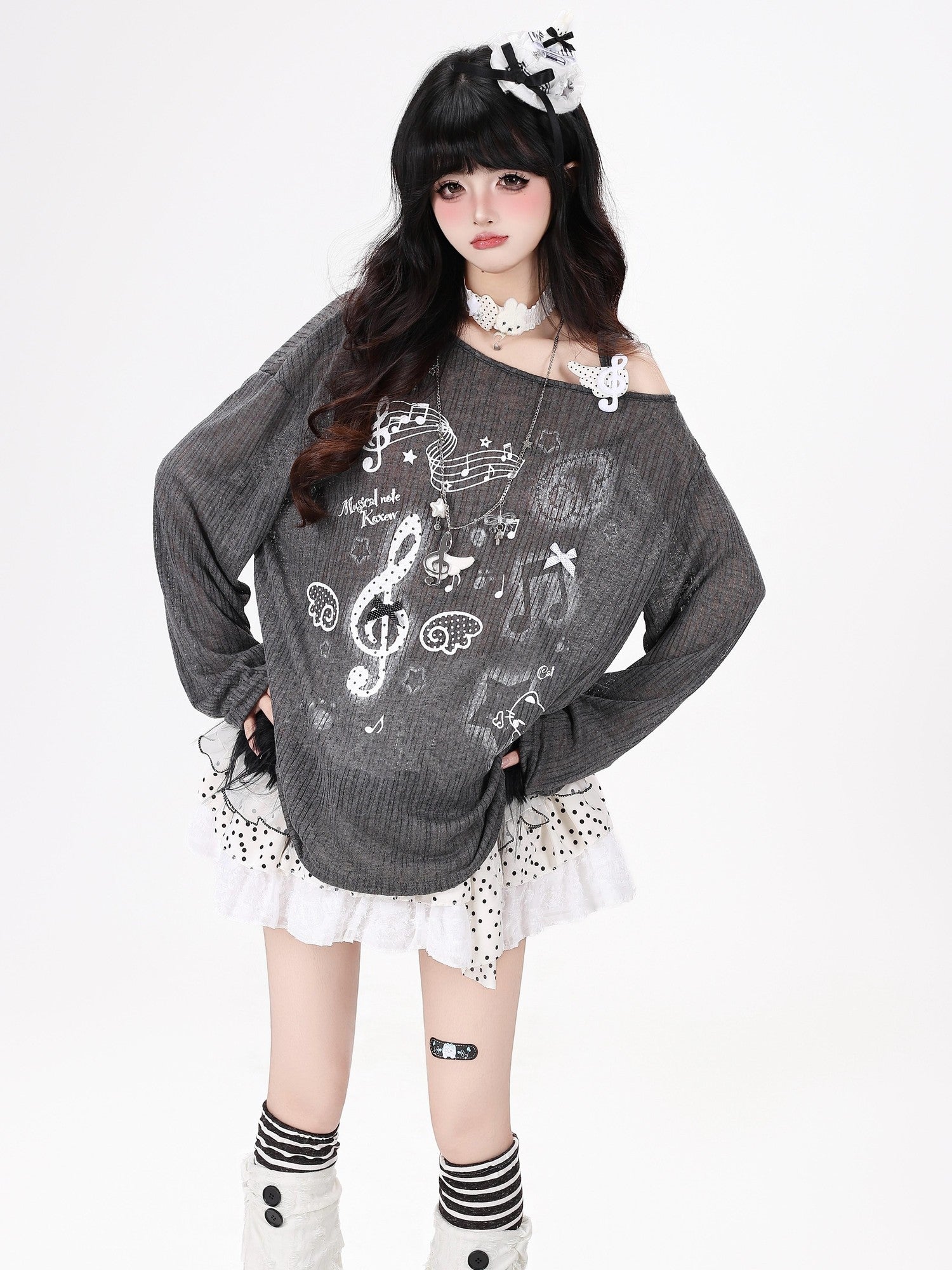 Crazy Girl Music Note Star Printed Pleated Off Shoulder Strap Women&