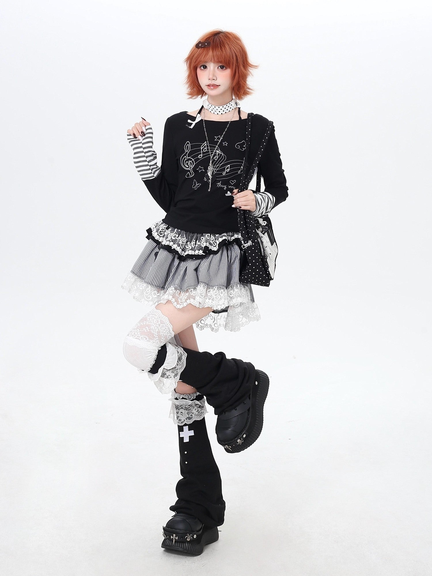 Crazy Girl Musical Note Lace Houndstooth High Waist Women&