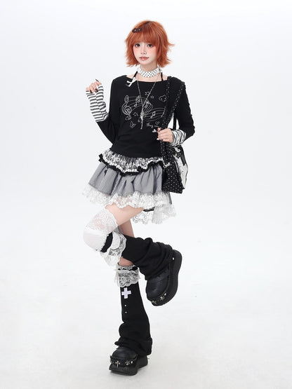 Crazy Girl Musical Note Lace Houndstooth High Waist Women&