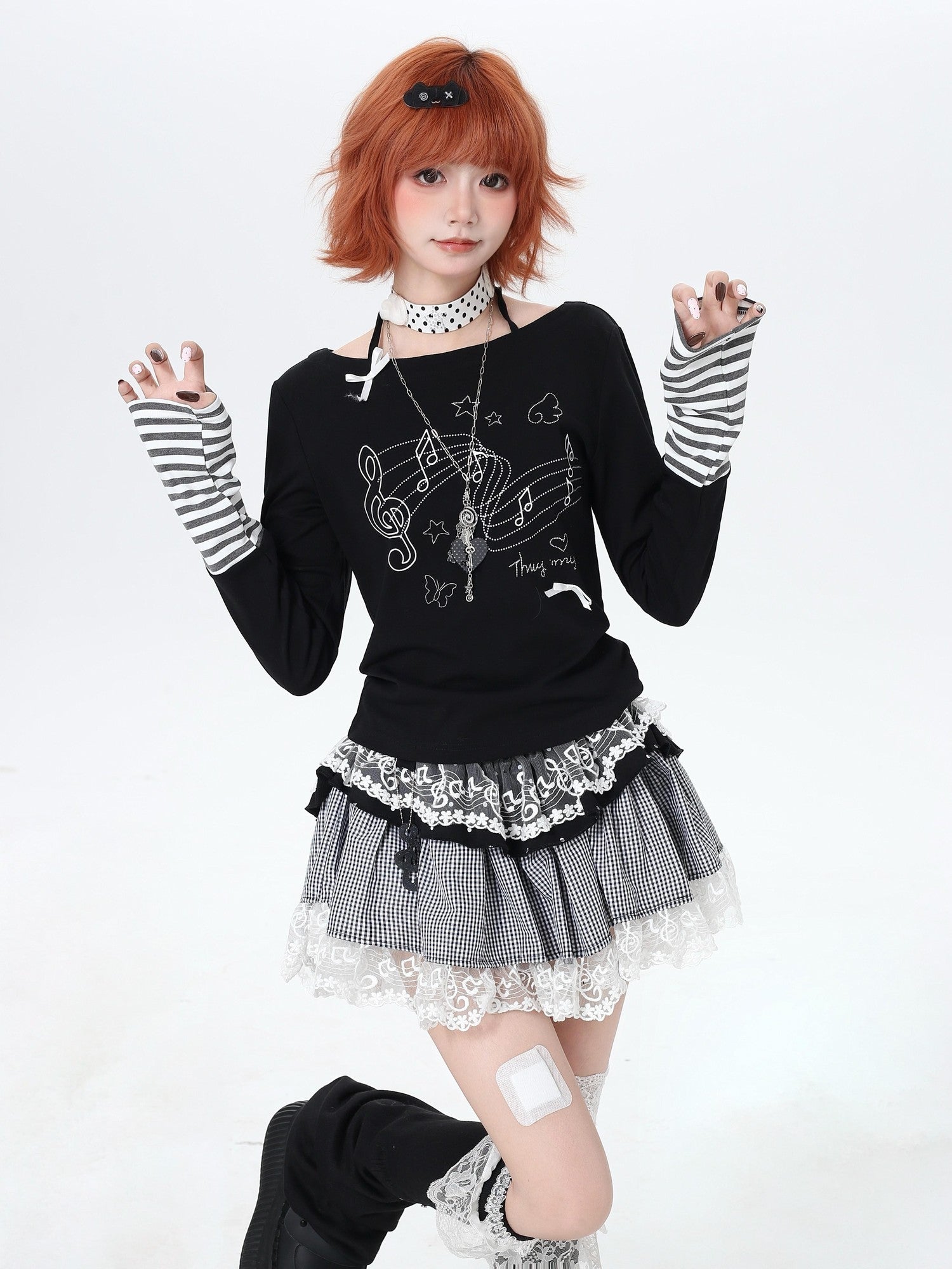 Crazy Girl Musical Note Lace Houndstooth High Waist Women&