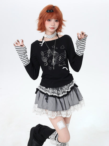 Crazy Girl Musical Note Lace Houndstooth High Waist Women&