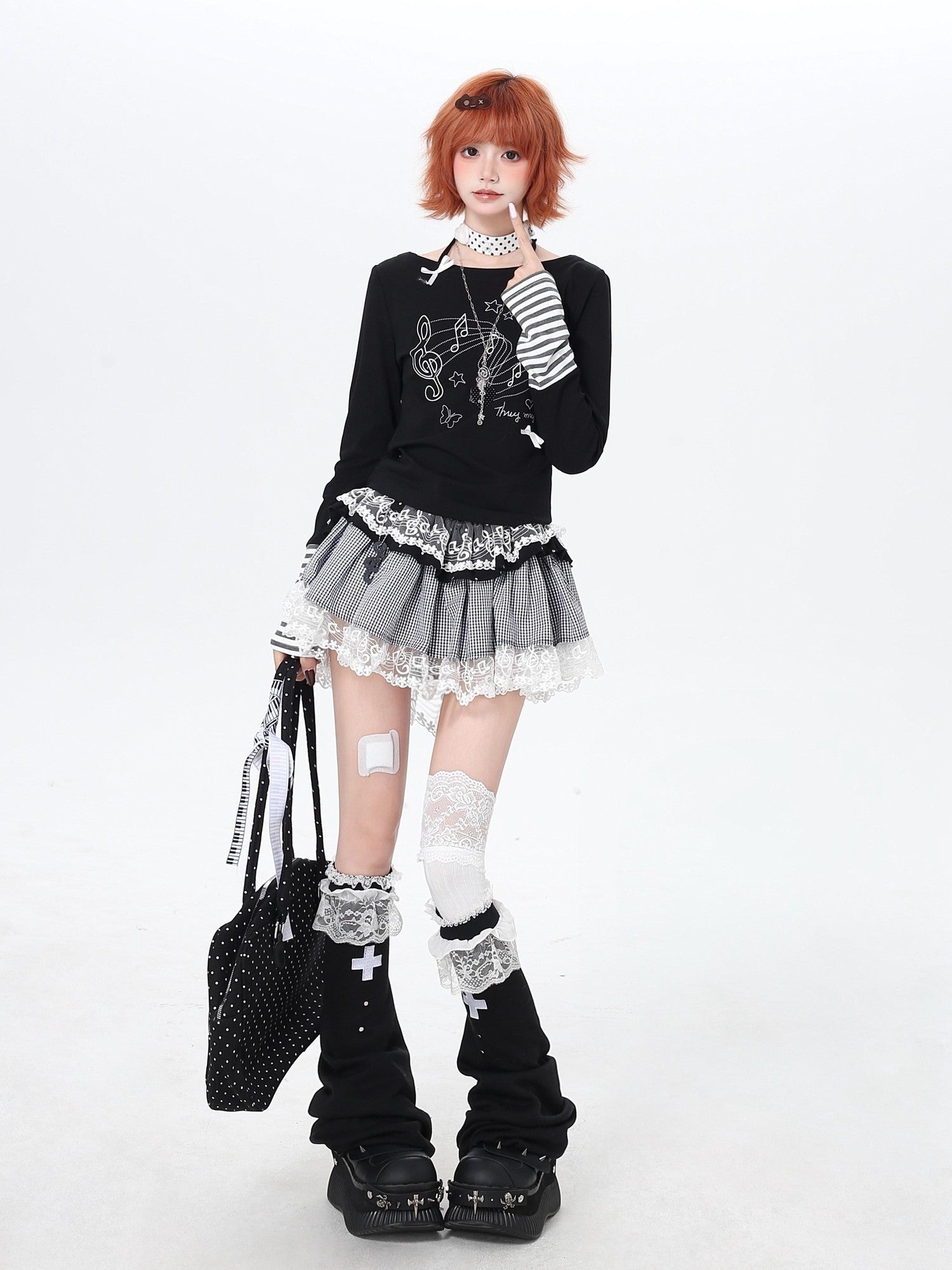 Crazy Girl Musical Note Lace Houndstooth High Waist Women&
