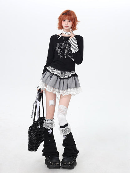 Crazy Girl Musical Note Lace Houndstooth High Waist Women&