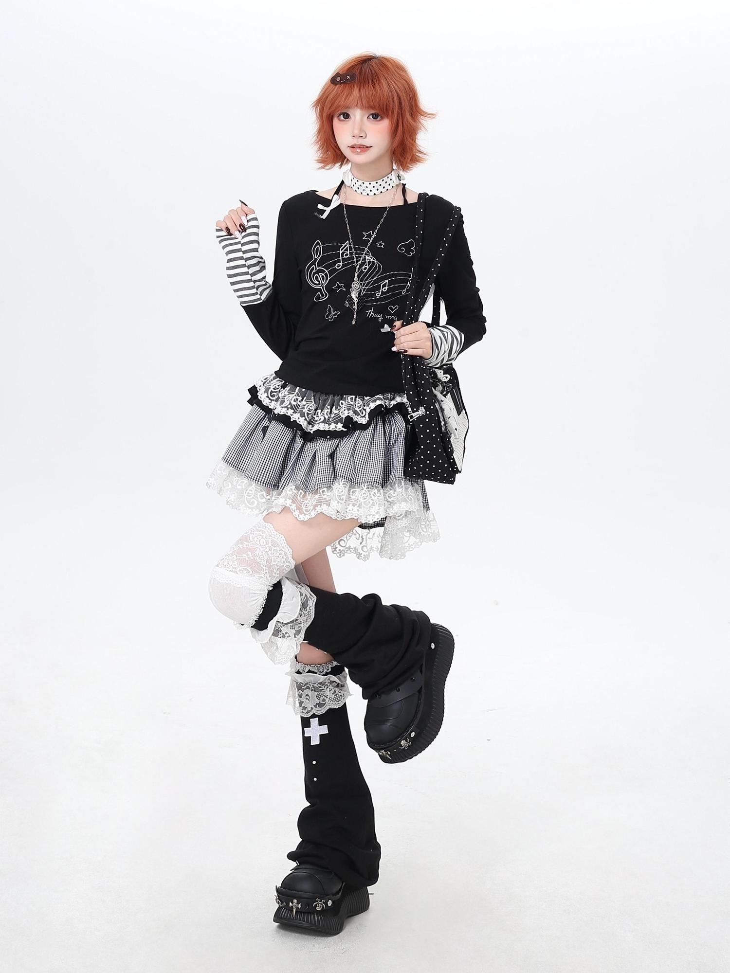 Crazy Girl Musical Note Lace Houndstooth High Waist Women&