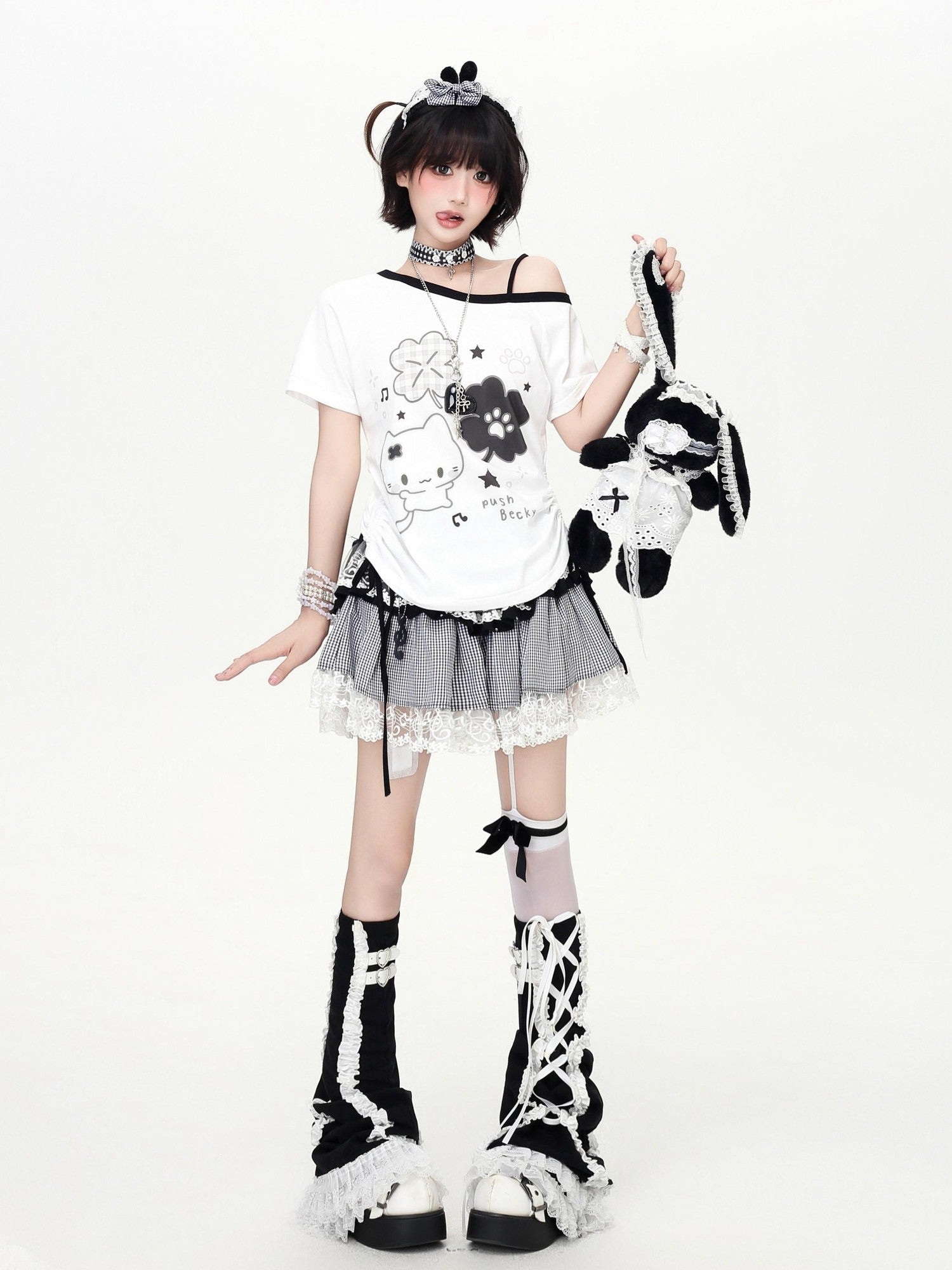 Crazy Girl Musical Note Lace Houndstooth High Waist Women&