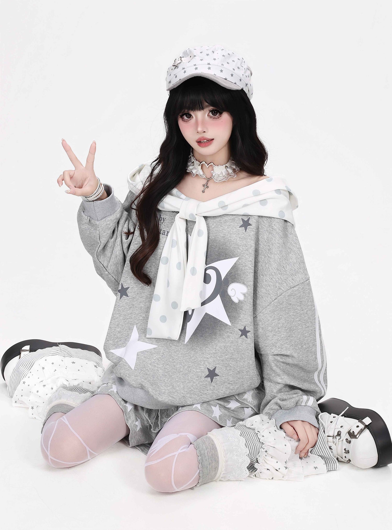Crazy_Girl_Muted_Polka_Dot_Bowknot_Hooded_Oversized_Midlength_Women&