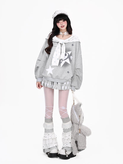 Crazy Girl Muted Polka Dot Bowknot Hooded Oversized Midlength Women&