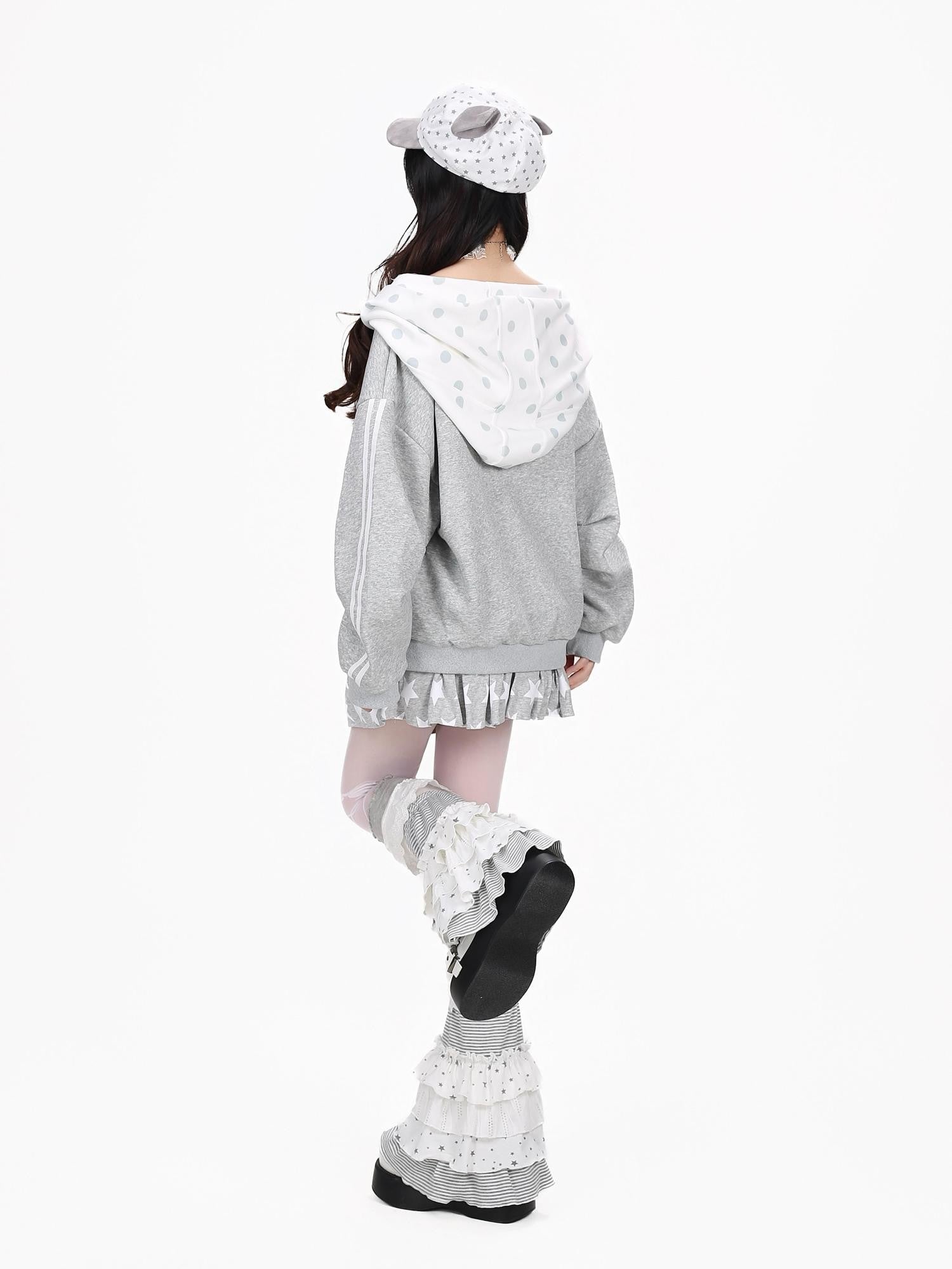 Crazy Girl Muted Polka Dot Bowknot Hooded Oversized Midlength Women&