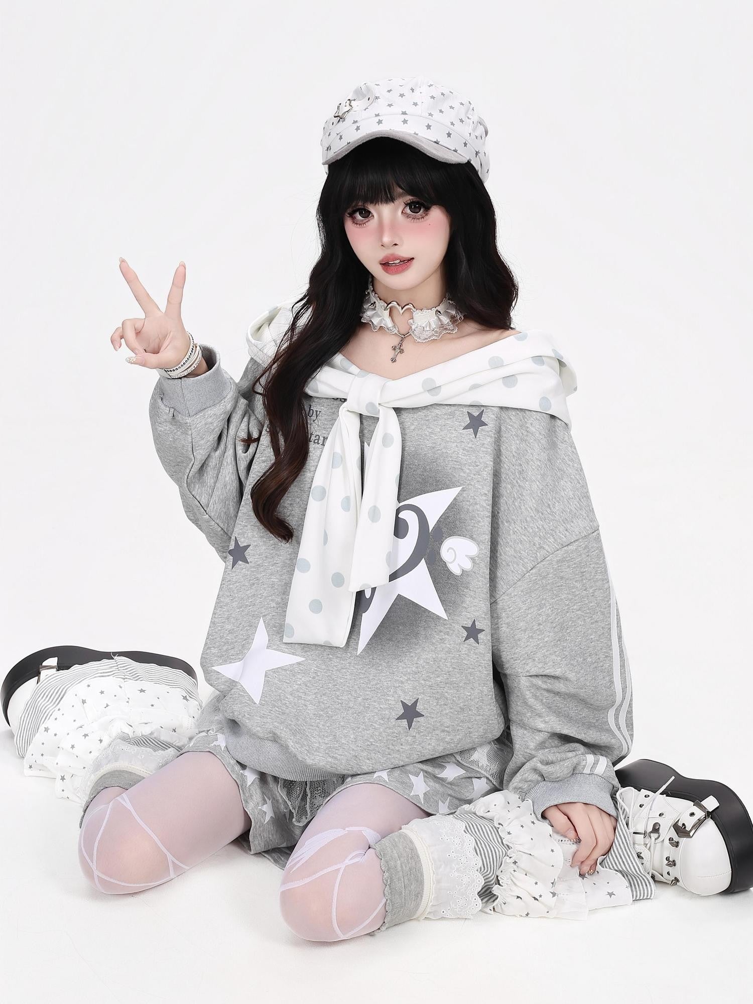 Crazy Girl Muted Polka Dot Bowknot Hooded Oversized Midlength Women&