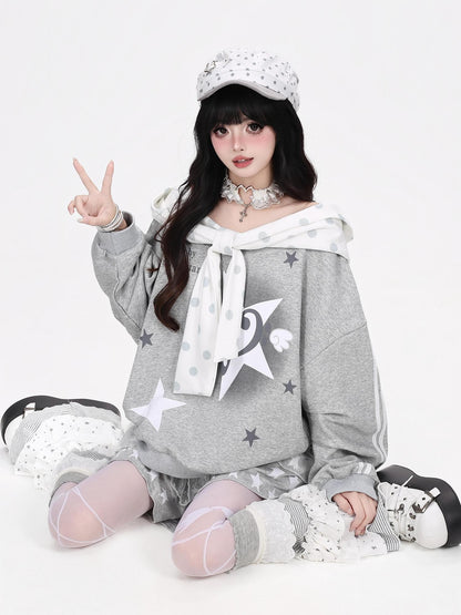 Crazy Girl Muted Polka Dot Bowknot Hooded Oversized Midlength Women&