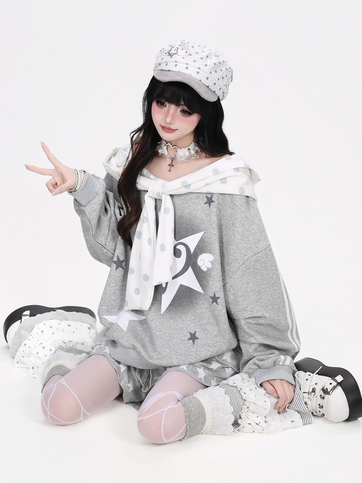 Crazy Girl Muted Polka Dot Bowknot Hooded Oversized Midlength Women&