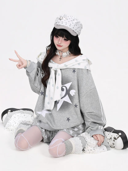 Crazy Girl Muted Polka Dot Bowknot Hooded Oversized Midlength Women&