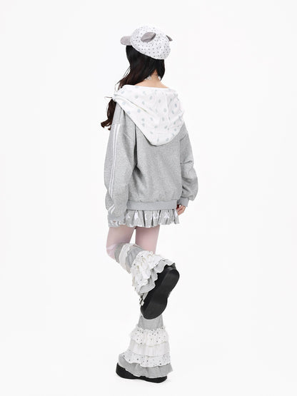 Crazy Girl Muted Polka Dot Bowknot Hooded Oversized Midlength Women&