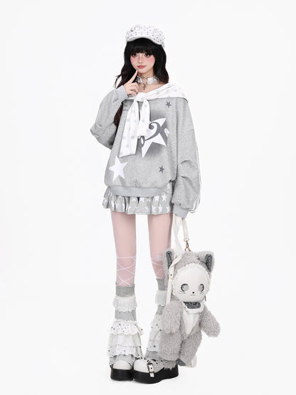 Crazy Girl Muted Polka Dot Bowknot Hooded Oversized Midlength Women&