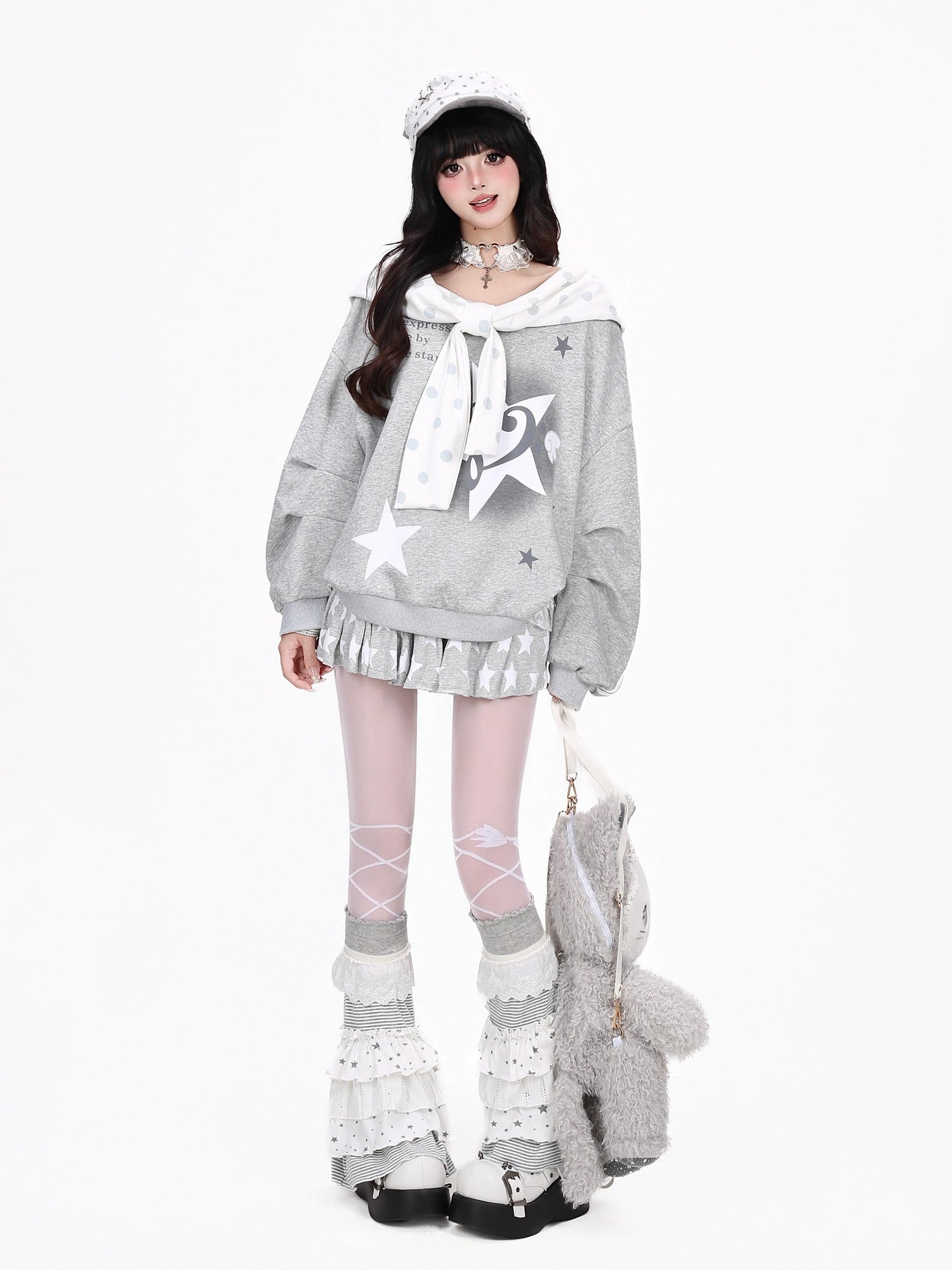 Crazy Girl Muted Polka Dot Bowknot Hooded Oversized Midlength Women&