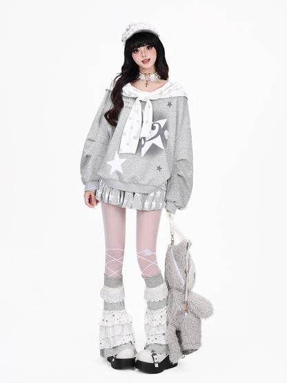 Crazy Girl Muted Polka Dot Bowknot Hooded Oversized Midlength Women&