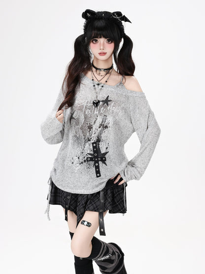 Crazy Girl Off Shoulder Letter Print Drawstring Patchwork Women&