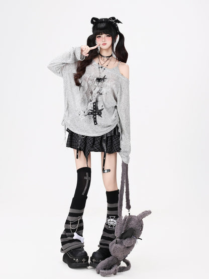 Crazy Girl Off Shoulder Letter Print Drawstring Patchwork Women&