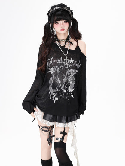 Crazy Girl Off Shoulder Letter Print Drawstring Patchwork Women&