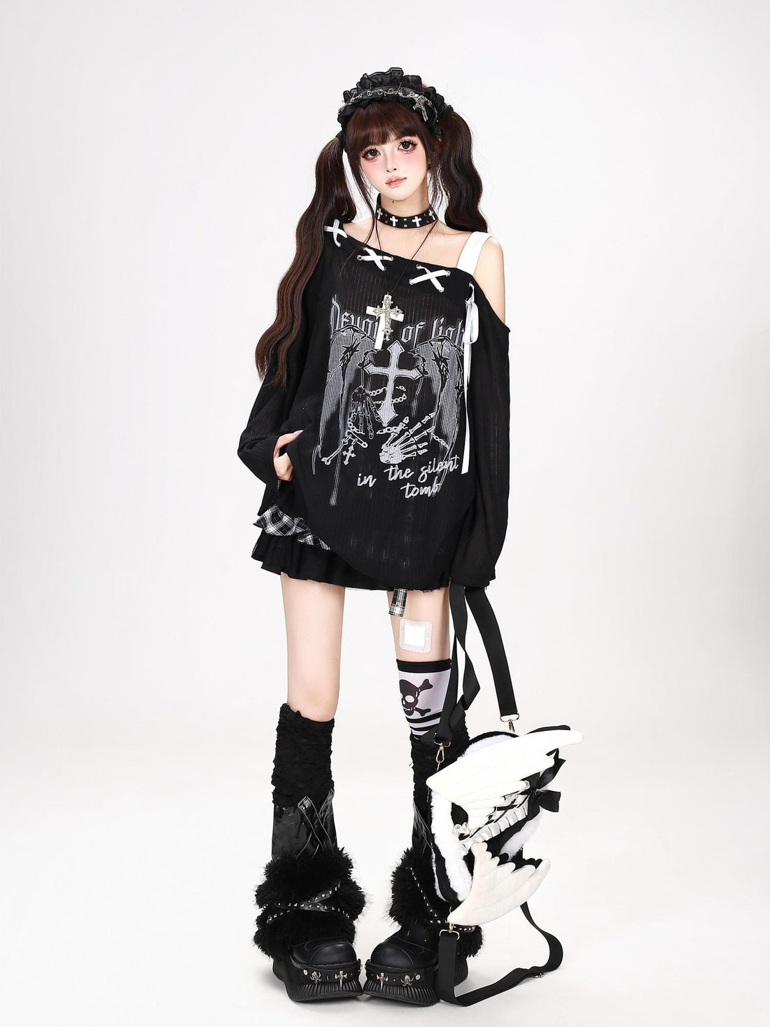 Crazy Girl Off Shoulder Tie Strap Letter Print Dark Oversized Women&