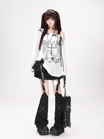 Crazy Girl Off Shoulder Tie Strap Letter Print Dark Oversized Women&