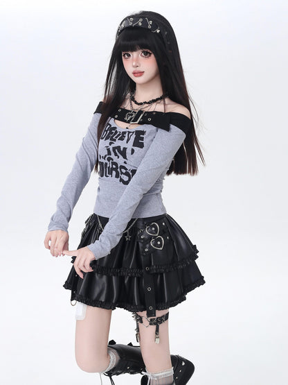 Crazy Girl One Shoulder Lettered Patchwork Cropped Slim Women&