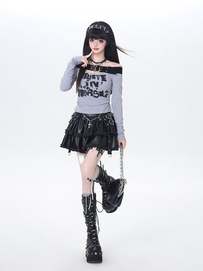Crazy Girl One Shoulder Lettered Patchwork Cropped Slim Women&