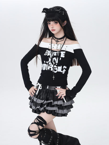 Crazy Girl One Shoulder Lettered Patchwork Cropped Slim Women&