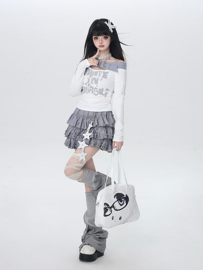 Crazy Girl One Shoulder Lettered Patchwork Cropped Slim Women&