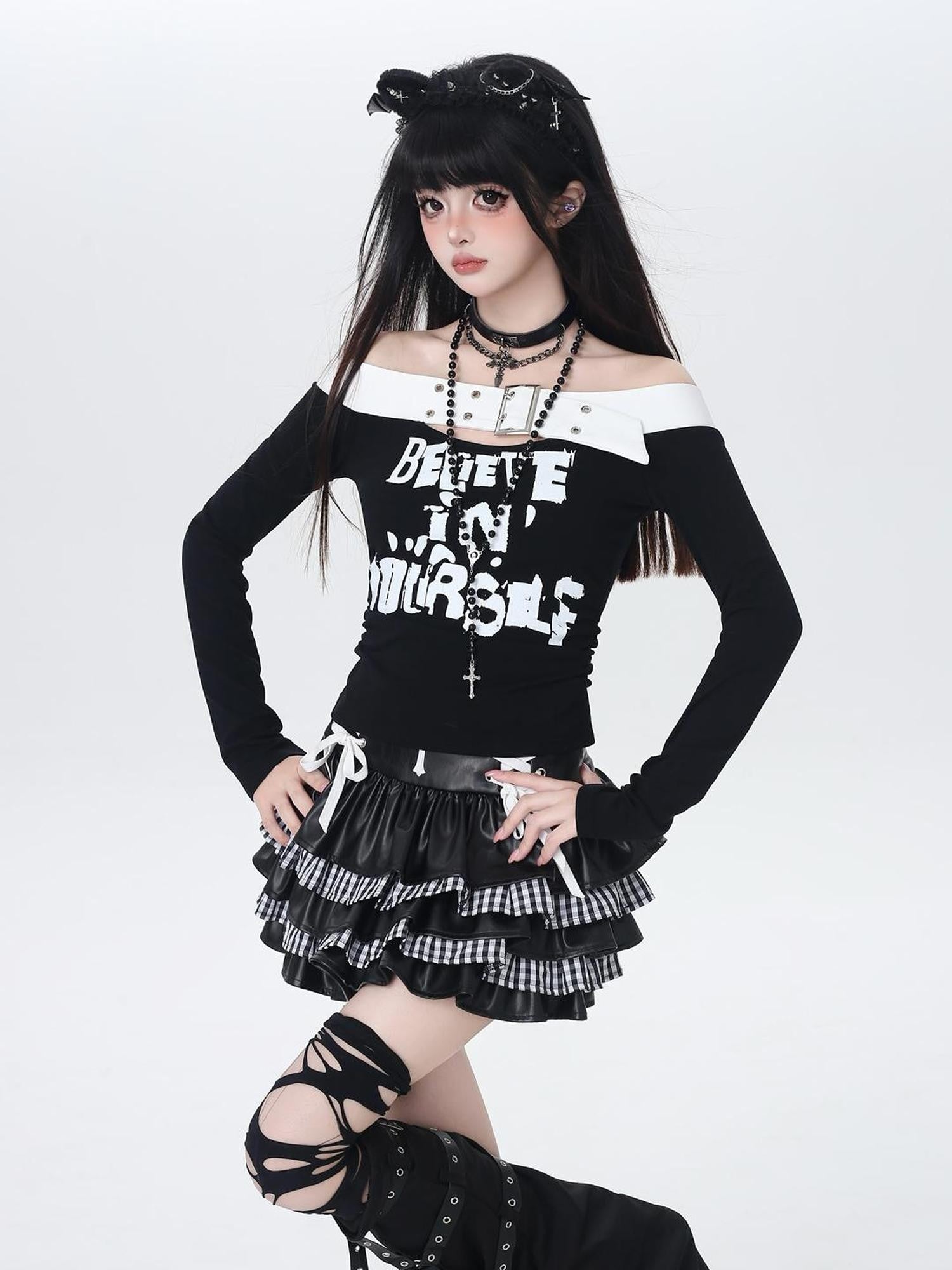 Crazy Girl One Shoulder Lettered Patchwork Cropped Slim Women&