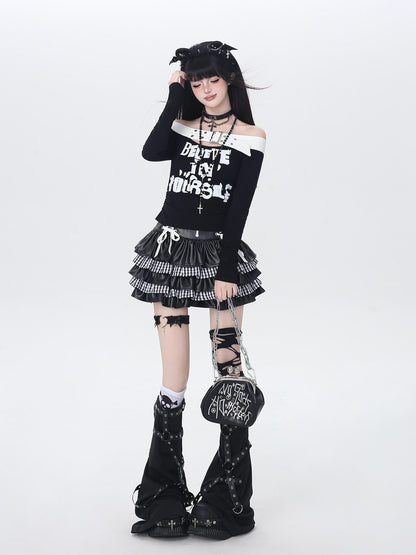 Crazy Girl One Shoulder Lettered Patchwork Cropped Slim Women&