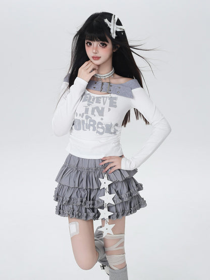 Crazy Girl One Shoulder Lettered Patchwork Cropped Slim Women&
