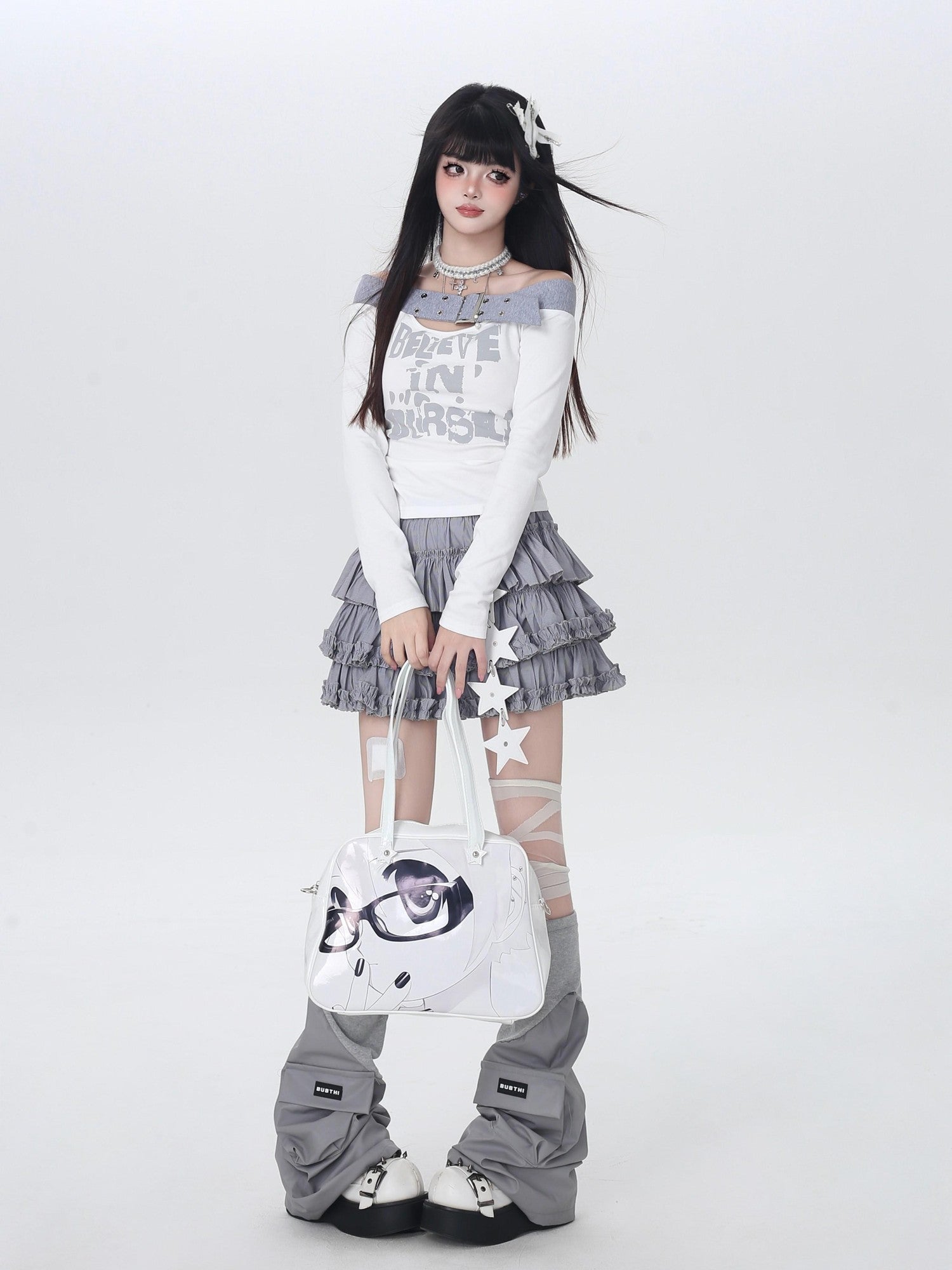 Crazy Girl One Shoulder Lettered Patchwork Cropped Slim Women&