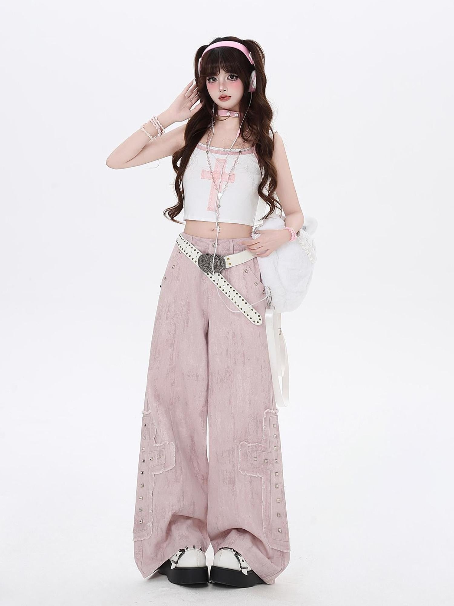 Crazy Girl Pink High Waist Cargo Straight Loose Women&