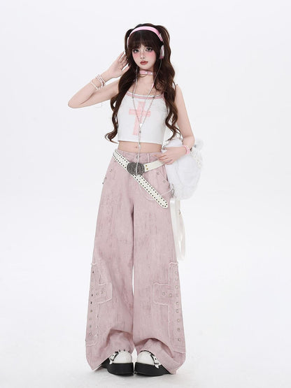 Crazy Girl Pink High Waist Cargo Straight Loose Women&
