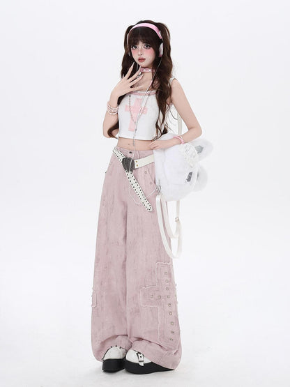 Crazy Girl Pink High Waist Cargo Straight Loose Women&