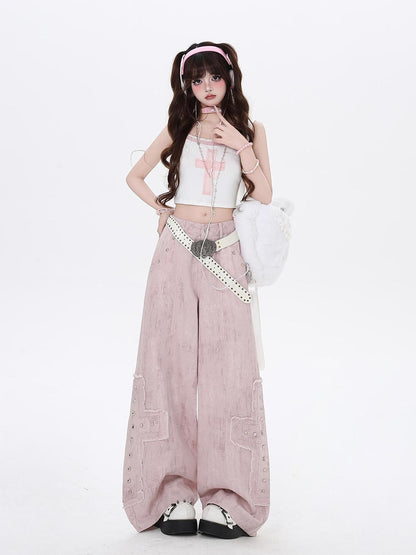 Crazy Girl Pink High Waist Cargo Straight Loose Women&