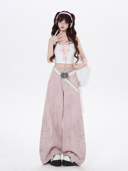 Crazy Girl Pink High Waist Cargo Straight Loose Women&
