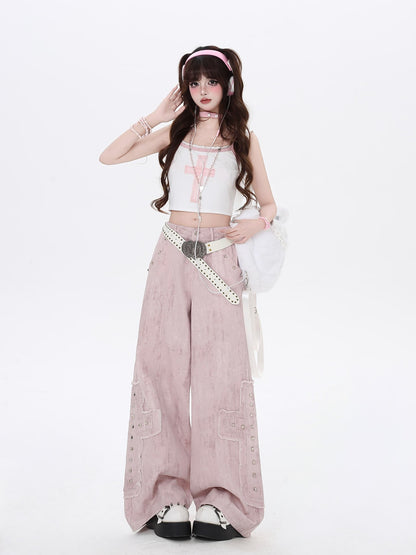 Crazy Girl Pink High Waist Cargo Straight Loose Women&