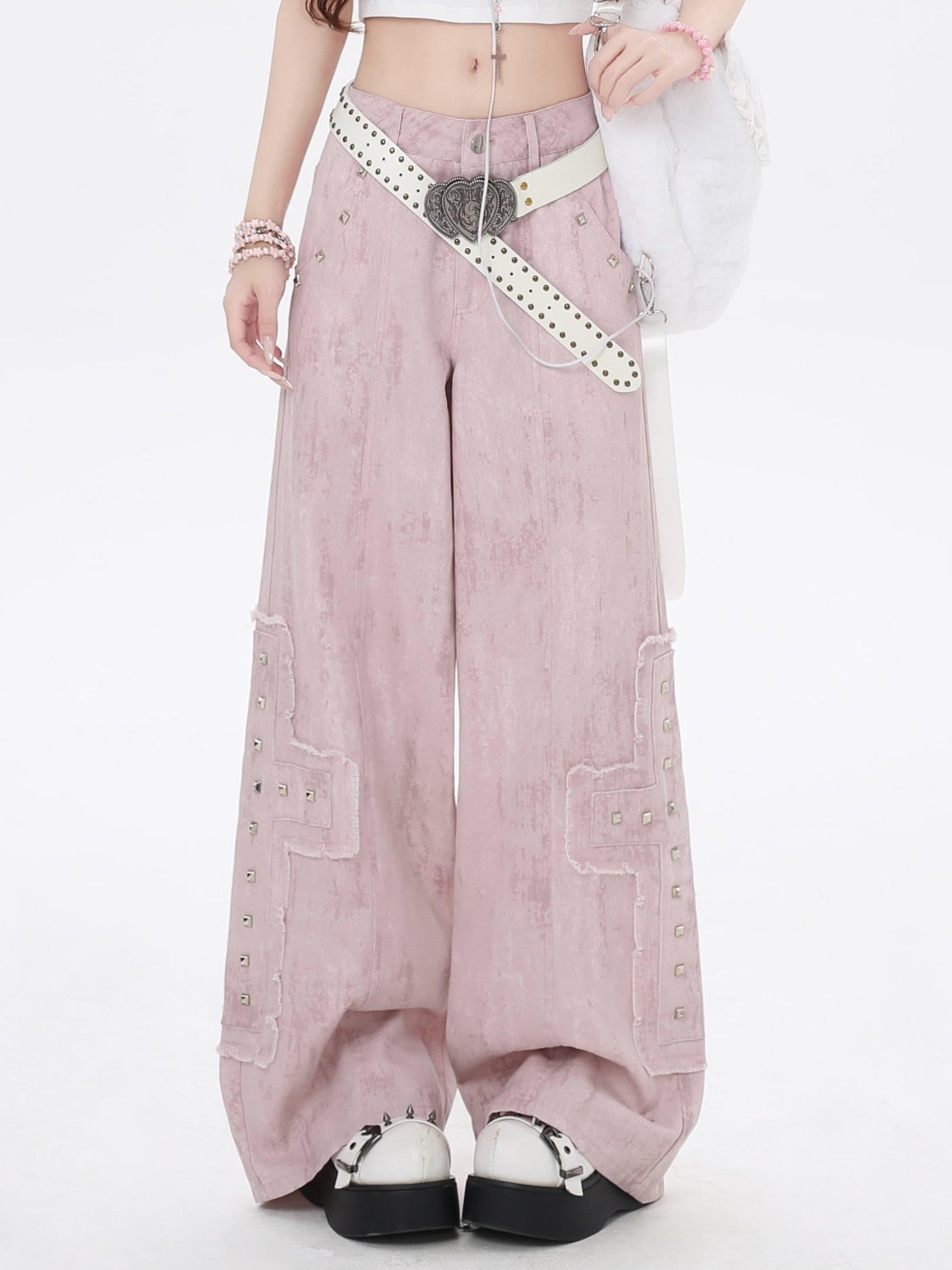 Crazy Girl Pink High Waist Cargo Straight Loose Women&