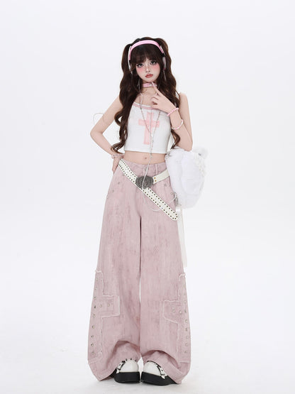 Crazy Girl Pink High Waist Cargo Straight Loose Women&
