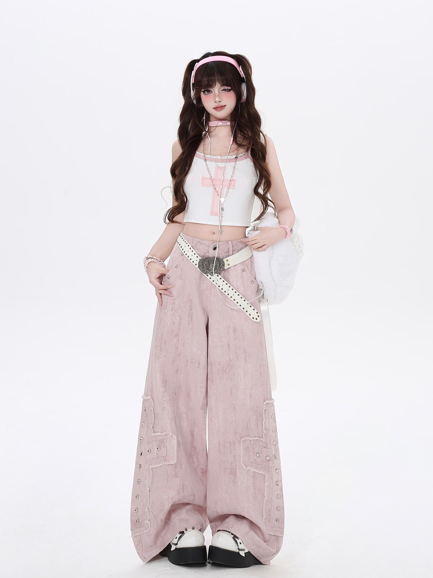 Crazy Girl Pink High Waist Cargo Straight Loose Women&