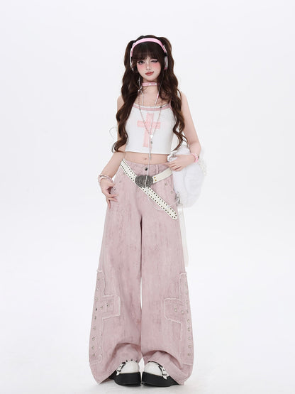 Crazy Girl Pink High Waist Cargo Straight Loose Women&