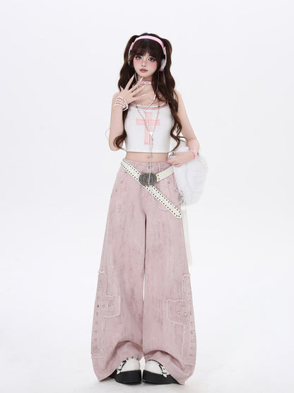 Crazy Girl Pink High Waist Cargo Straight Loose Women&